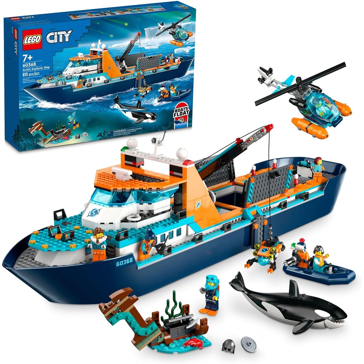 LEGO City Arctic Explorer Ship 60368 Building Toy Set - Fun Toy Gift for Boys and Girls Age 7 - Includes Floating Boat, Helicopter, Dinghy, ROV Sub, Viking Shipwreck, 7 Minifigures and Killer Whale