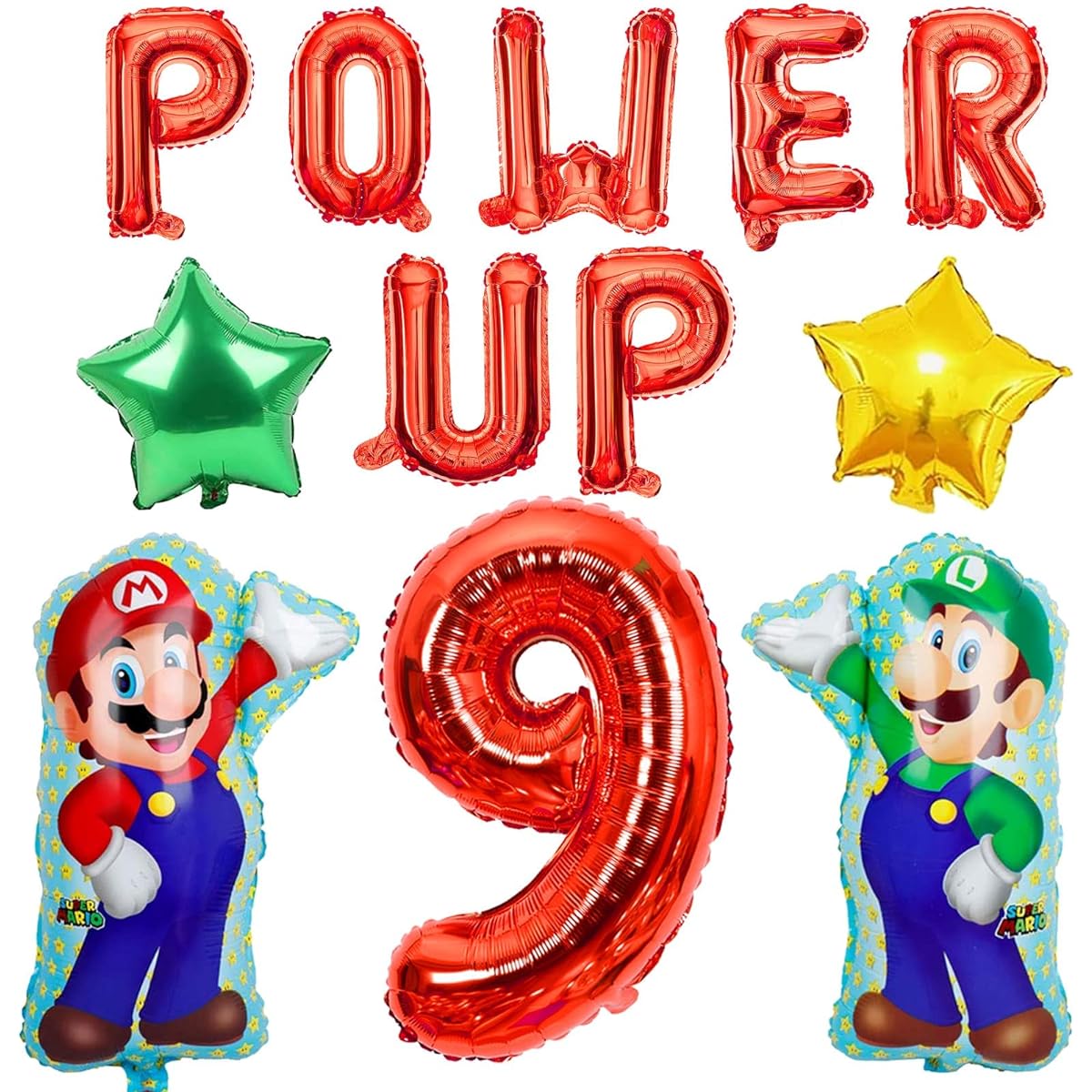 STHBLU 12pcs Super Birthday Balloons Brothers Theme Birthday Decorations Power Up Letter Balloons for Birthday Party (Red-09)