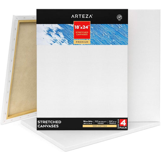 Arteza Stretched Canvas for Painting - 4 Pack 18 x 24 Inch Blank White Canvas, 100% Cotton, 12.5 oz Gesso Prime, Acrylic Poring and Oil Painting Supplies