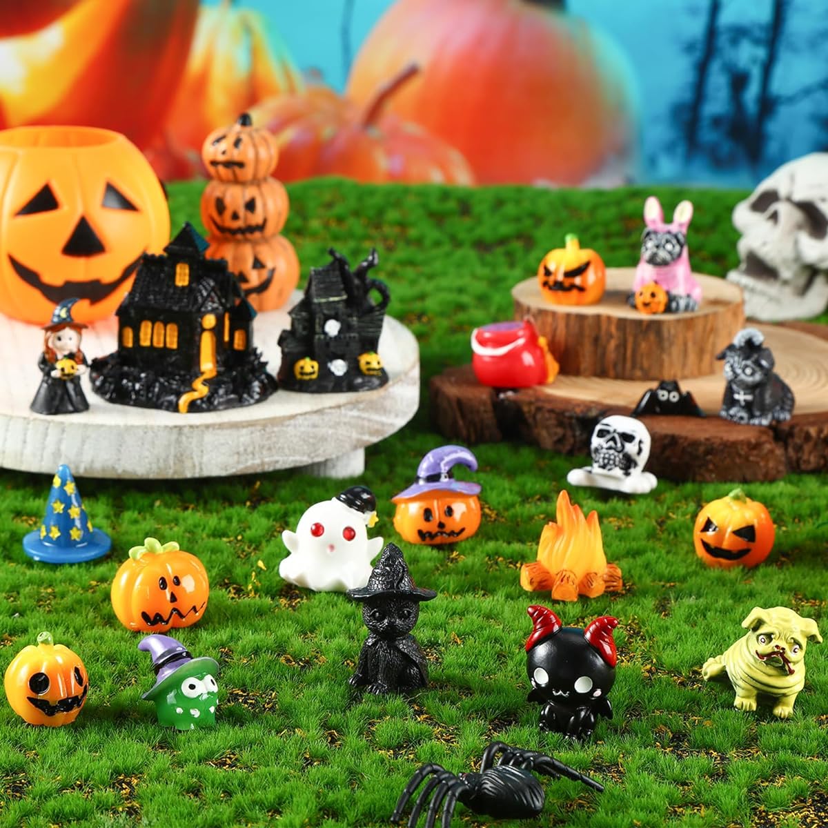 Soaoo 20pcs Halloween Miniature Figures Resin Pumpkin Ghost Happy Halloween Fairy Garden Accessories Halloween Party Village Bonsai Craft Outdoor Home Garden Decoration