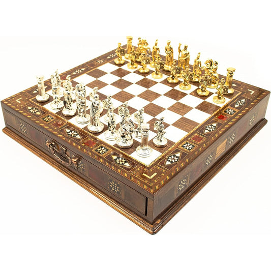 Premium Wooden Chess Set with Board Drawer and Metal Chess Pieces, Walnut Rosewood, Mosaic Pattern, Gift for Her, Him, Birthday, Anniversary, Dad, Adults, Kids