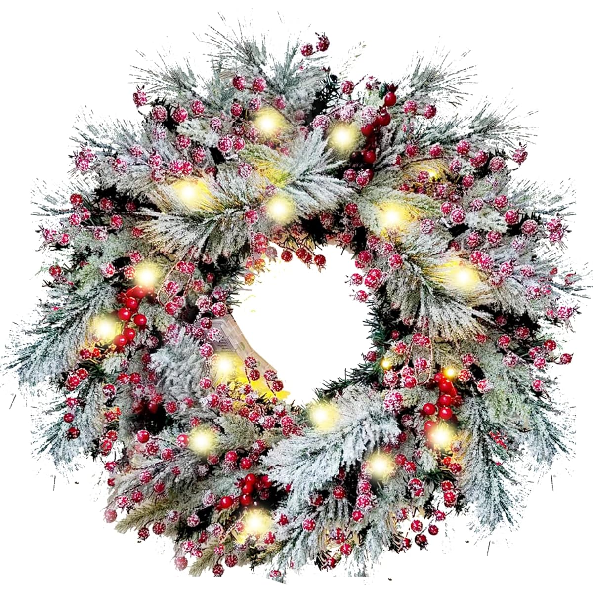 WANNA-CUL Lighted Christmas Wreath 24 Inch Front Door Decor Artificial Spruce with Frosted Red Berry and Snow Battery Operated 30 LED Lights