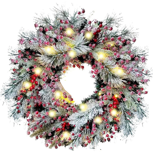 WANNA-CUL Lighted Christmas Wreath 24 Inch Front Door Decor Artificial Spruce with Frosted Red Berry and Snow Battery Operated 30 LED Lights