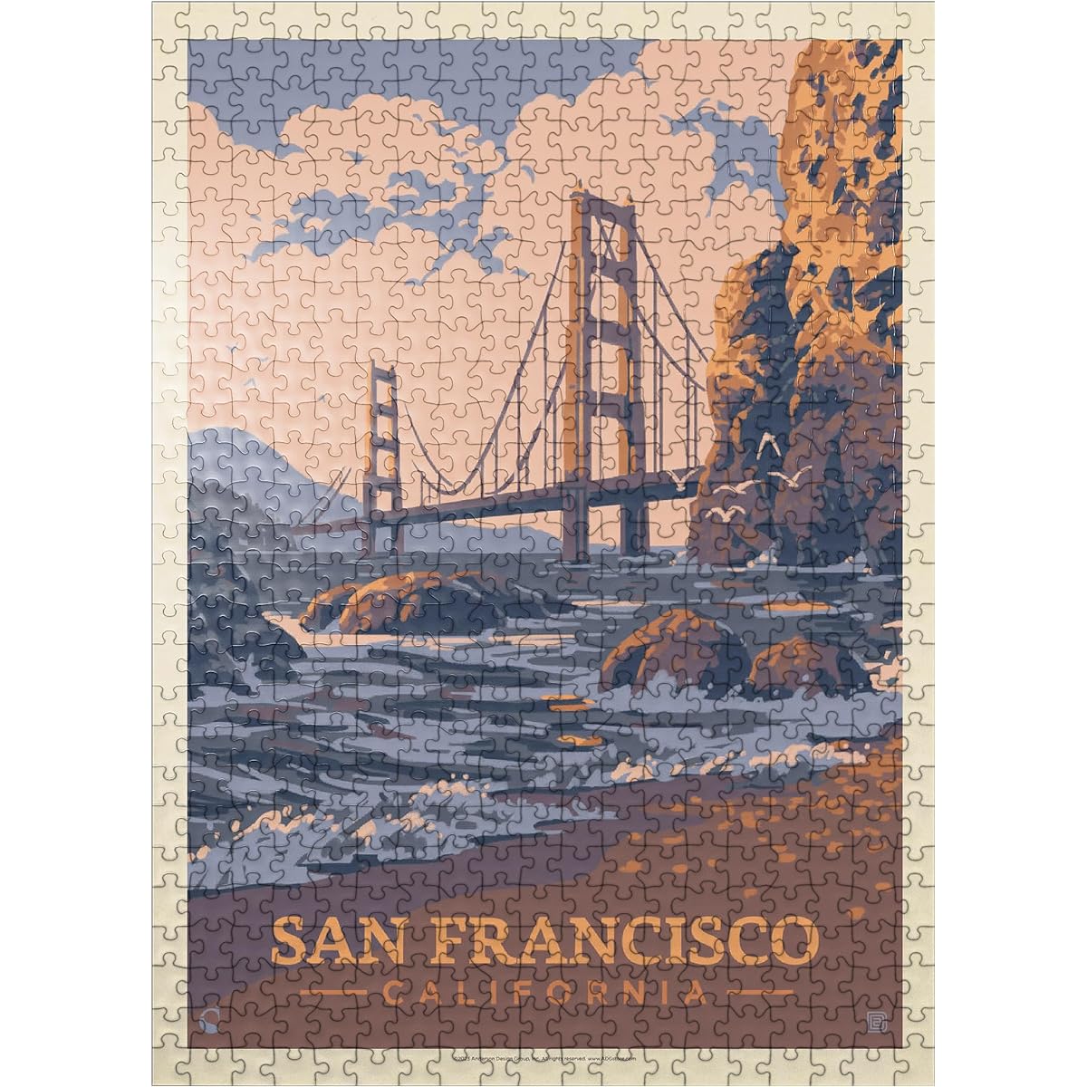San Francisco, California: Golden Gate Waters Edge Vintage Poster - Premium 500 Piece Jigsaw Puzzle for Adults