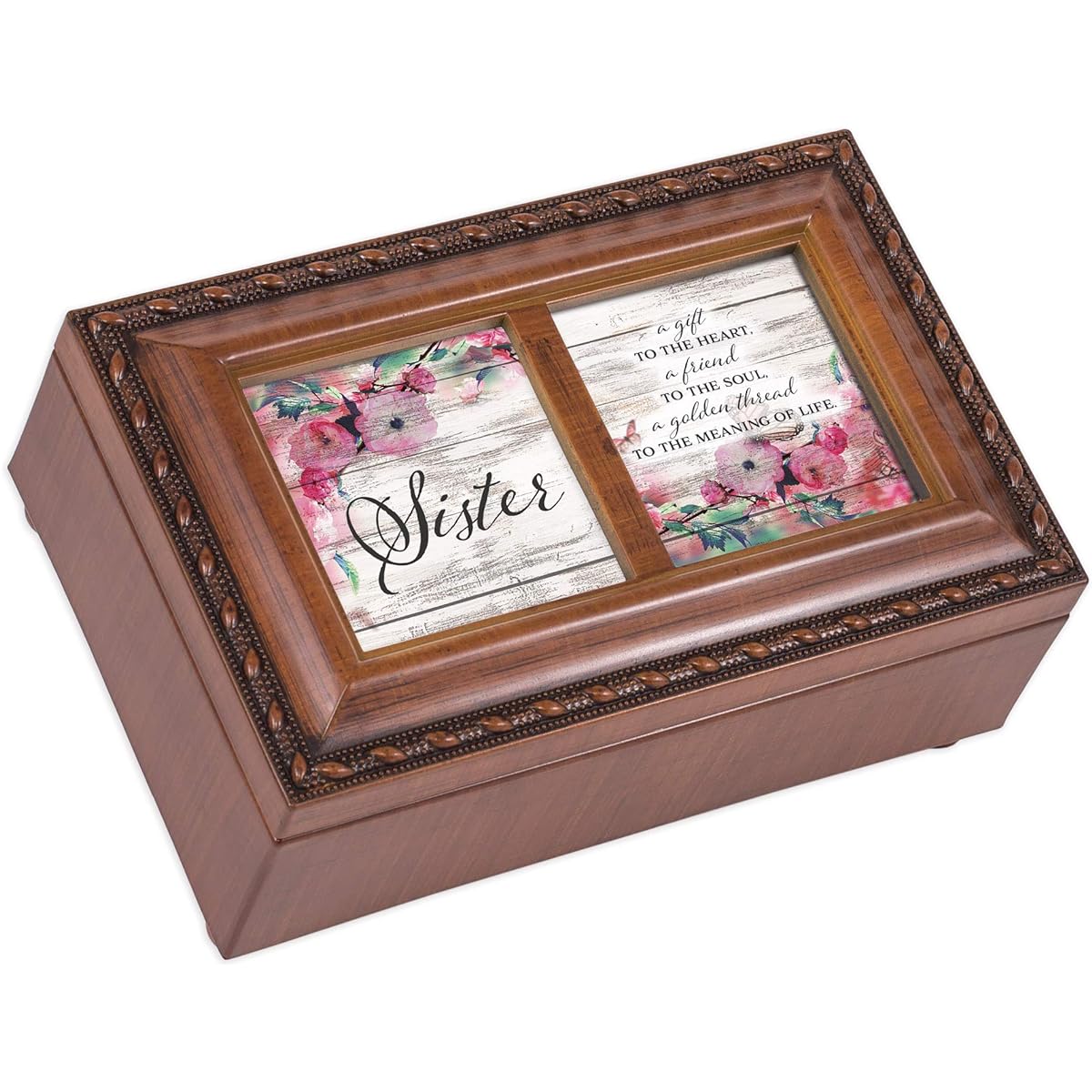 Cottage Garden Sister A Gift to The Heart Wood Grain 7 x 4 MDF Wooden Music Box with Curved Edges
