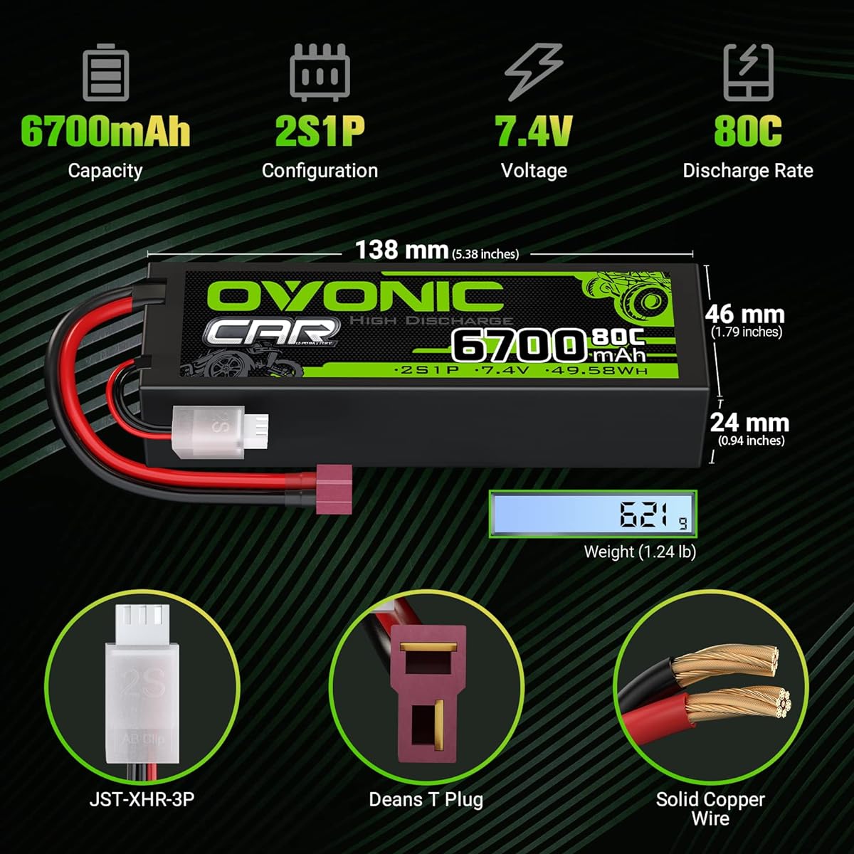 Ovonic 2s Lipo Battery 7.4V 80C 6700mAh RC Lipo Battery Hard Case Dean Style T Connector for RC Car (Pack of 2)
