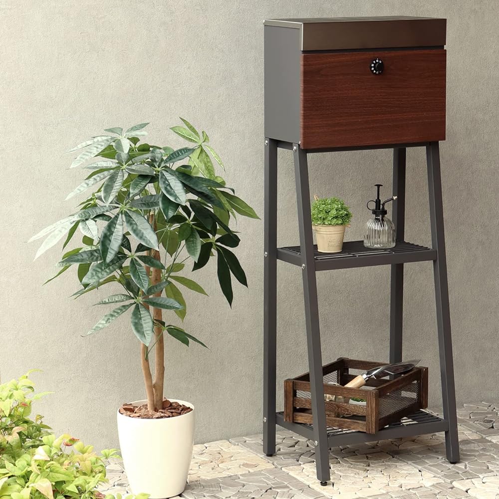 MOJYU Stand Post Lexi Dark Gray/Brown Wood Grain SDM-049 Post Mail Box Stylish Mailbox Delivery Box Scandinavian Style with Lock Freestanding Stand High Type Entrance Home Use