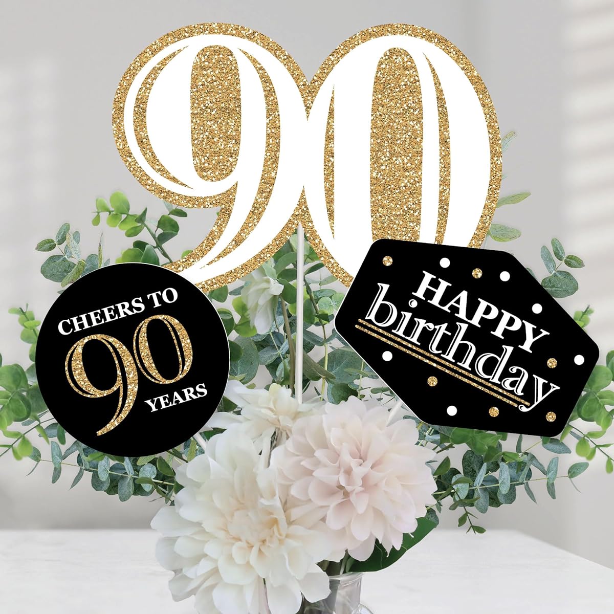Adult 90th Birthday - Gold - Birthday Party Centerpiece Sticks - Table Topper - Set of 15