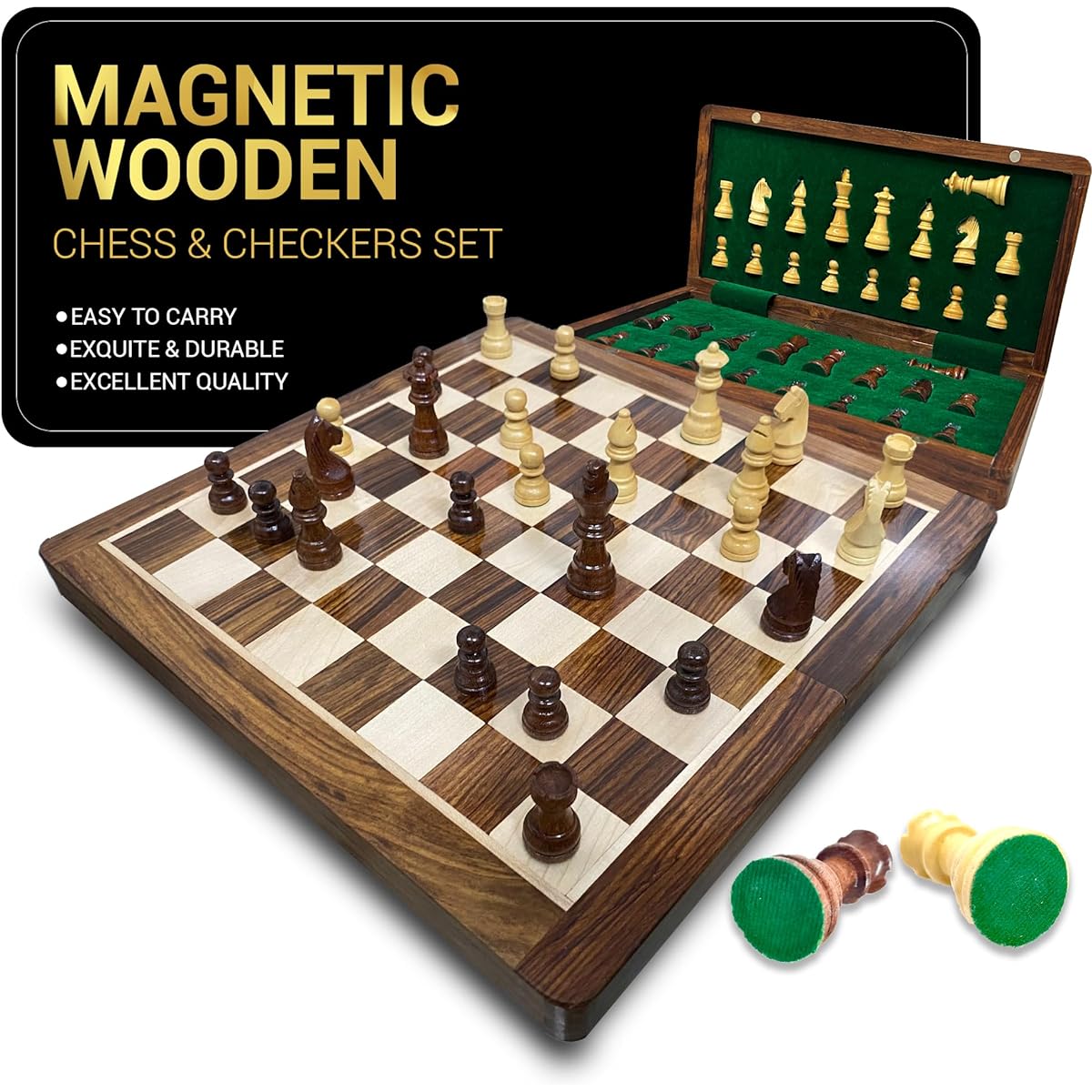 Handmade Wooden Foldable Chess Board Set with Magnets 12"