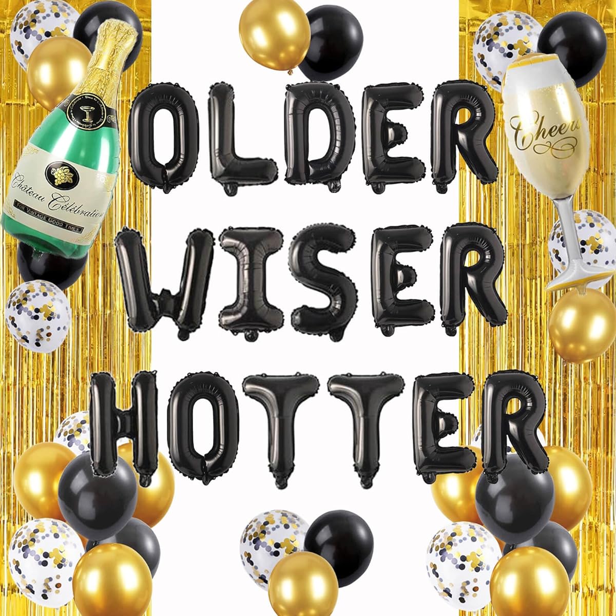 XXDecor Older Wiser Hotter Birthday Decorations - Black Older Wiser Hotter Balloon Banner Funny Birthday Party Decorations for Men and Women 21st 30th 40th 50th 60th 70th 80th Birthday Party Supplies