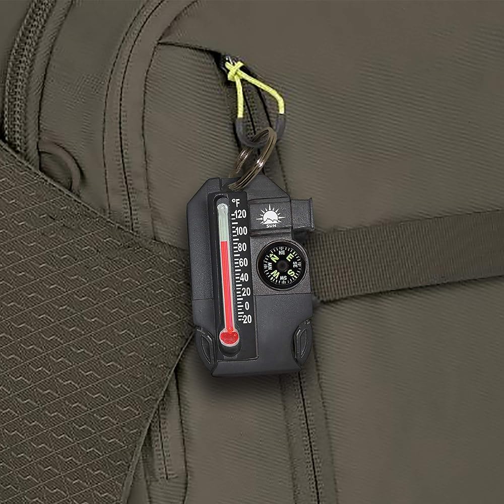 Sun Company Outsider - 4-in-1 Survival Multi-Tool | Compass, Thermometer, Whistle, and Fire Starter All in a Compact Zipper Pull Black
