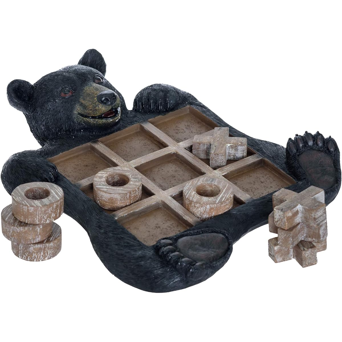 Pine Ridge Black Bear Tic Tac Toe Tabletop Game - Tic Tac Toe Decorative Game Teddy Bear Black Rustic Wilderness Home Decor - Indoor Recreational Game Black Bear Decor