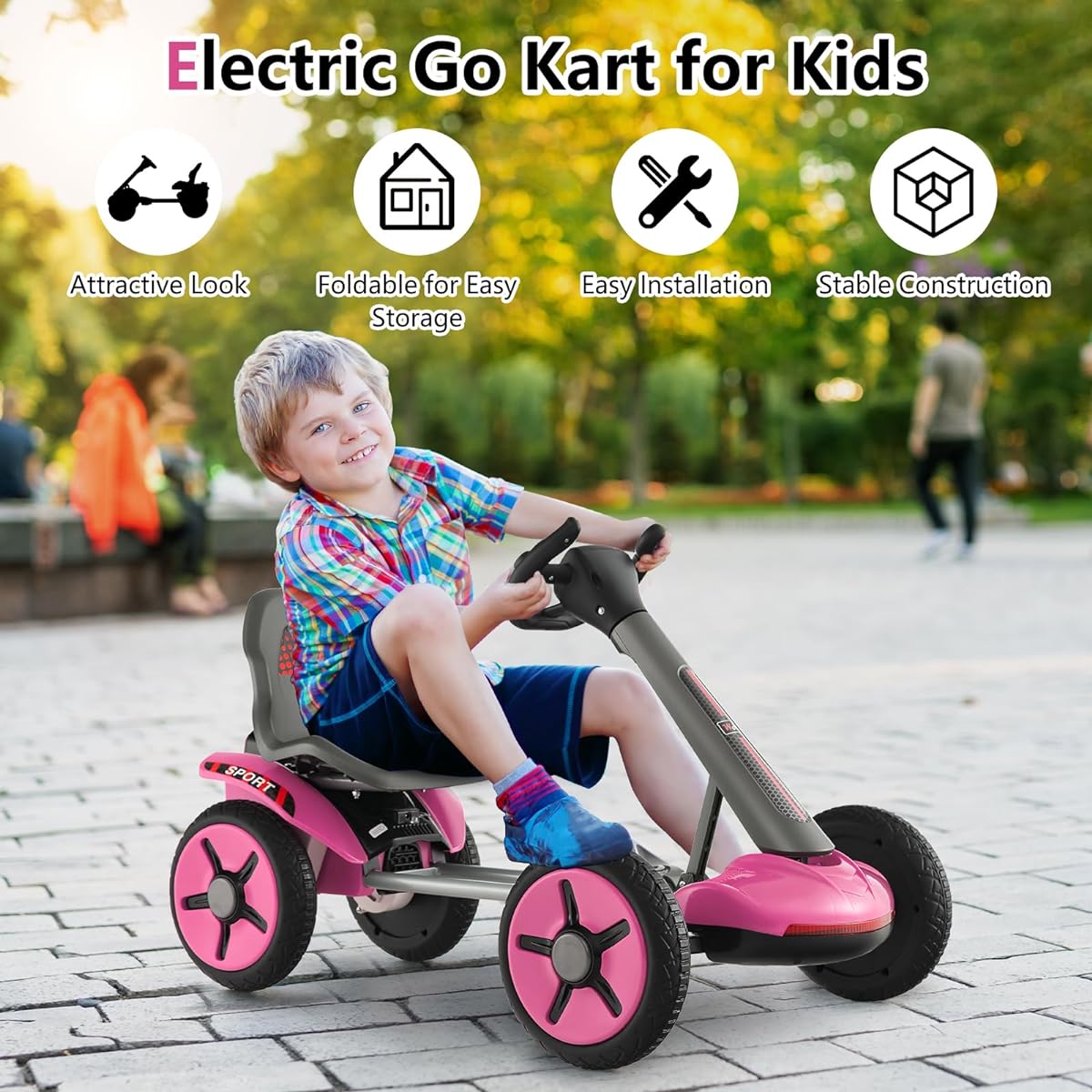 OLAKIDS Go Kart for Kids, 12V Battery Ride-on Car with Adjustable Seat and Steering Wheel, Foldable Wheels, Removable Cup Holder, LED Lights, Electric Go Kart for Ages 2-5 (Pink)