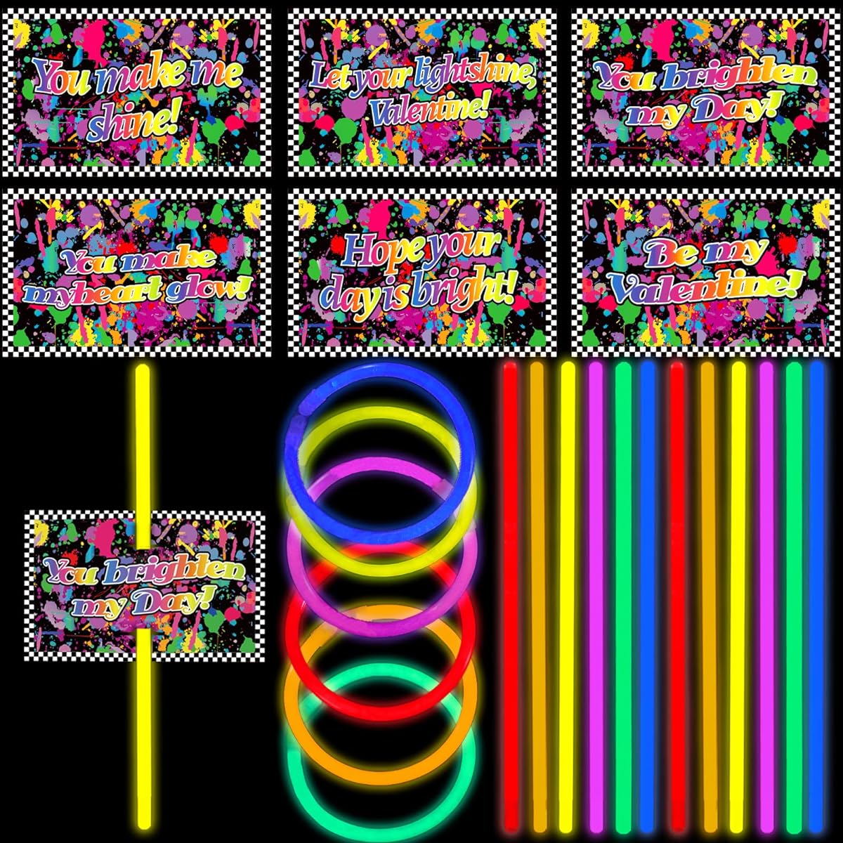 36 Sets Valentine Neon Cards with Glow Sticks, School Valentine Gifts Replacement Glow in the Dark for Kids Classroom Party Favors Supplies