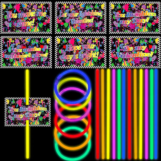 36 Sets Valentine Neon Cards with Glow Sticks, School Valentine Gifts Replacement Glow in the Dark for Kids Classroom Party Favors Supplies