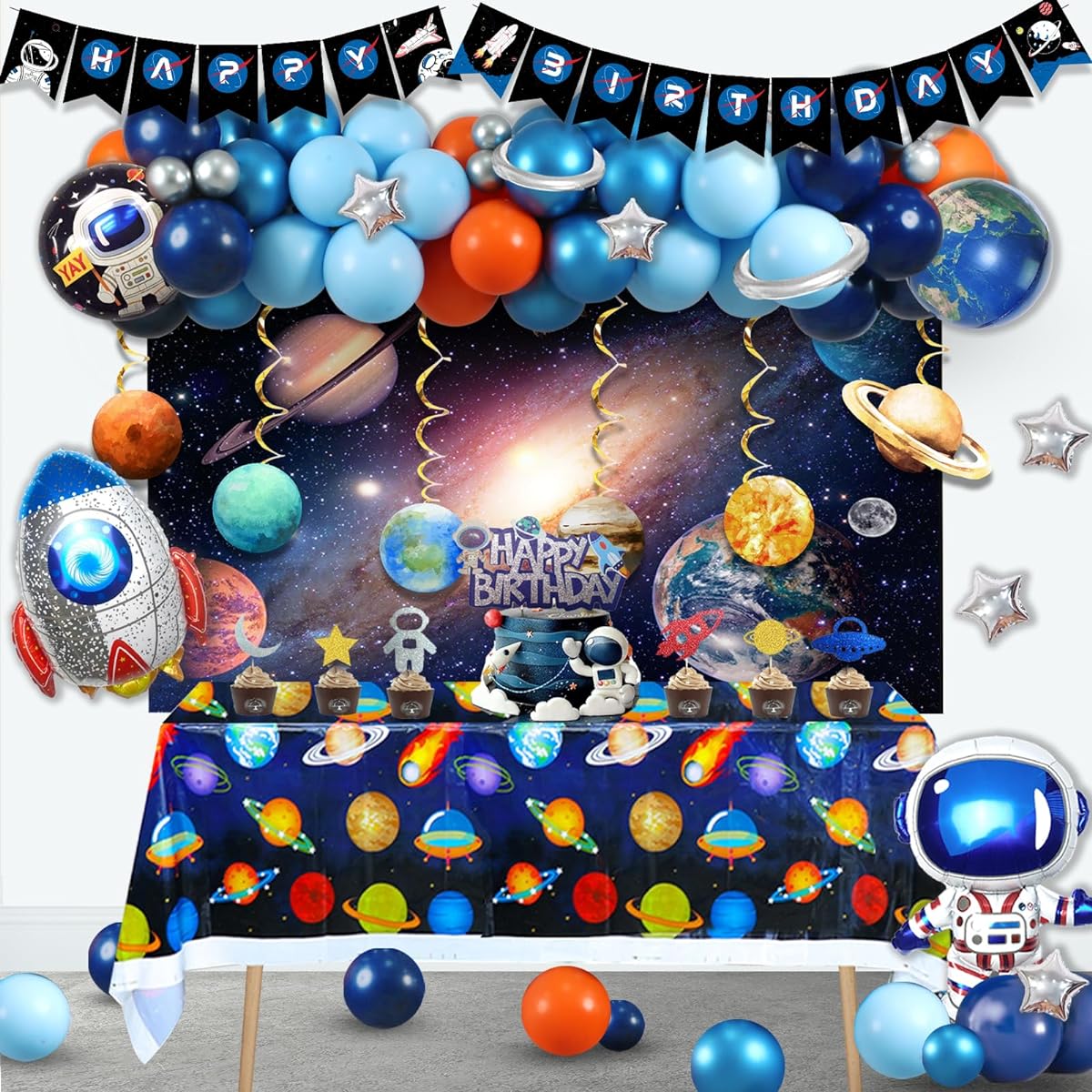 Hombae Space Birthday Party Decorations, 83 Pieces Outer Space Galaxy Birthday Decorations Backdrop Balloons Garland Hanging Swirl Banner Tablecloth Cake Topper Solar System Planets Astronaut Rocket Blue