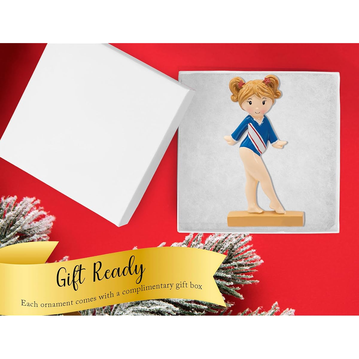 UniqXmas Personalized Gymnastics Christmas Ornament - Handwritten Customization | Gymnast Girl Figurine in Blue Leotard and Balance Beam for Christmas Tree | Unique Keepsake - Custom Name & Year
