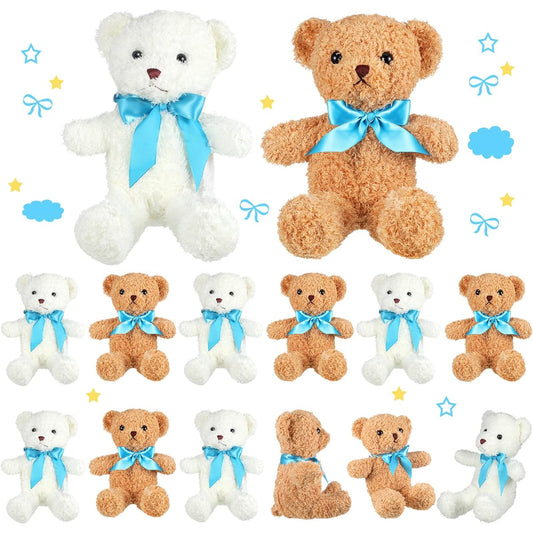 12 Pieces Small Stuffed Animals Teddy Bears with Ribbon Bows 10 Inch Bear Toys for Birthday Wedding Party Christmas Valentine's Day Brown White