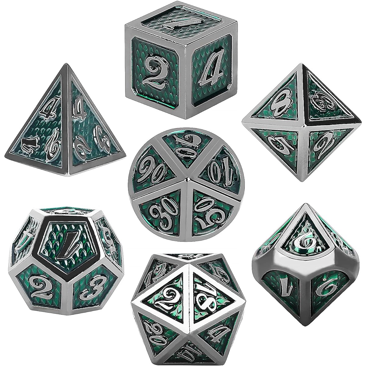 DND 7-Piece Metal Dice Set with Storage Box, Skull D&D Dice Set with Extra Large D20 for Tabletop Role Playing Games Dungeons & Dragons DND D&D (Green)
