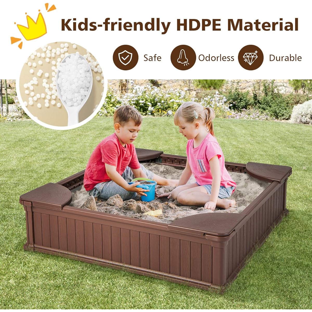 Costzon Kids Sandbox with Cover 4' x 4' HDPE Sandpit with Oxford Cover Bottom Liner Corner Seat 4 Seats Weatherproof Outdoor Sand Play Station for Backyard Lawn Garden Beach (Brown)