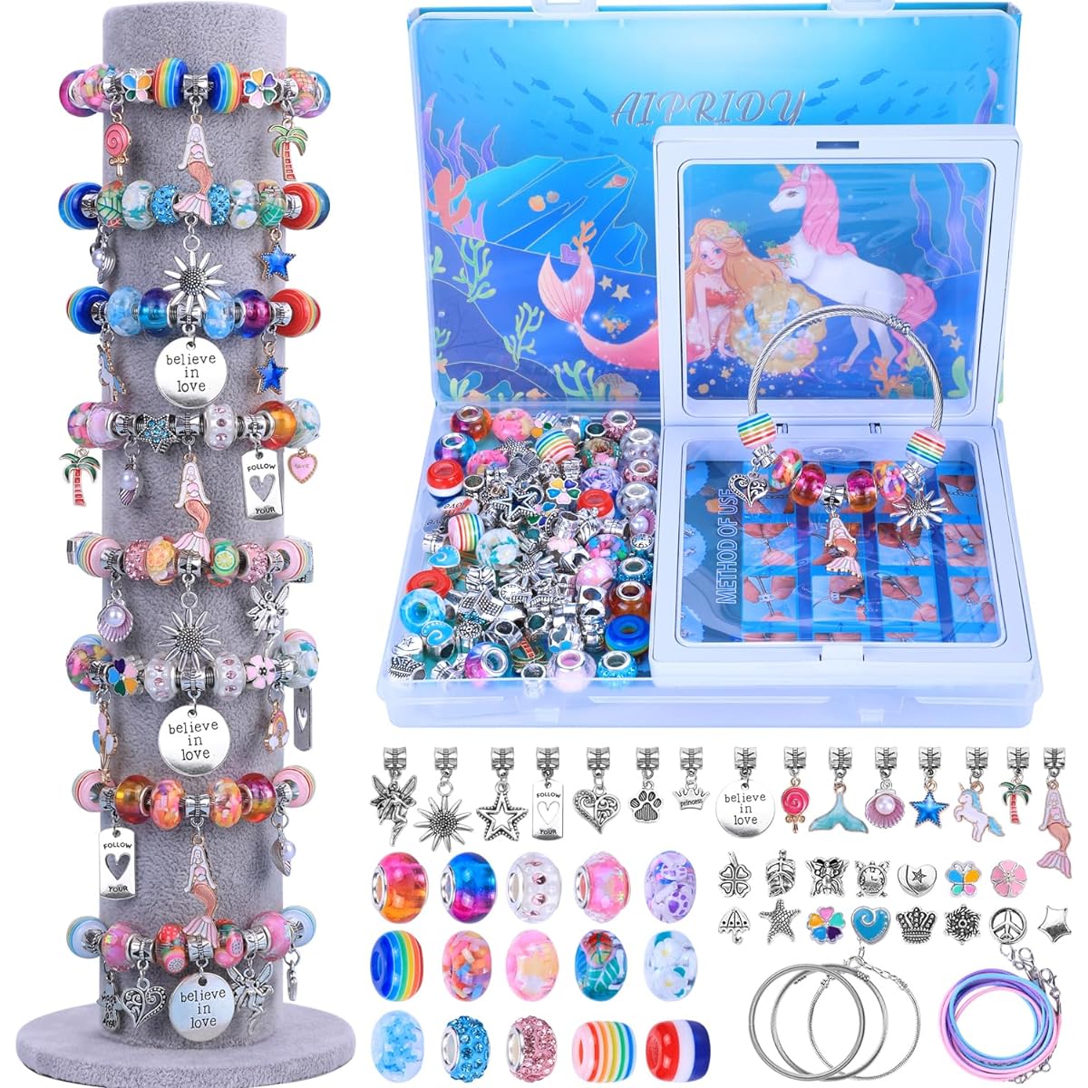 AIPRIDY Charm Bracelet Making Kit Unicorn Mermaid Craft Gift Set, Inspire Imagination and Creativity, Jewelry Making Kit, Great Gift for Girls Ages 5-12 (Mermaid Aqua 72 Pieces)