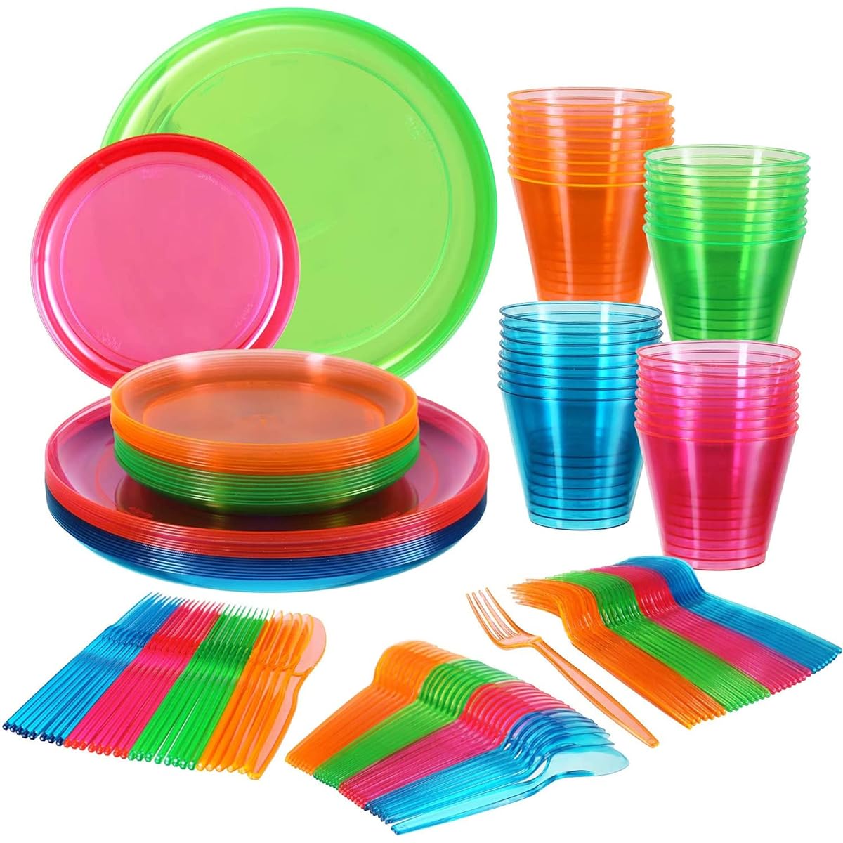 128 Piece Neon Party Supplies Set - Disposable & Heavy Duty Main Course 9" Plates, 6" Dessert Plates, 9oz Tumblers, Cutlery, Glow in the Dark, Perfect for Black Light UV Parties