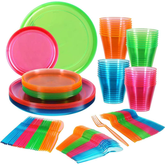 128 Piece Neon Party Supplies Set - Disposable & Heavy Duty Main Course 9" Plates, 6" Dessert Plates, 9oz Tumblers, Cutlery, Glow in the Dark, Perfect for Black Light UV Parties