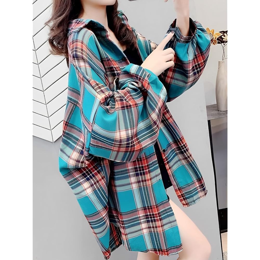 [Luxe Relax] Check Pattern Puff Sleeve Long Shirt, Long Sleeve, Loose, Spring, Autumn, Tops, Women's 21