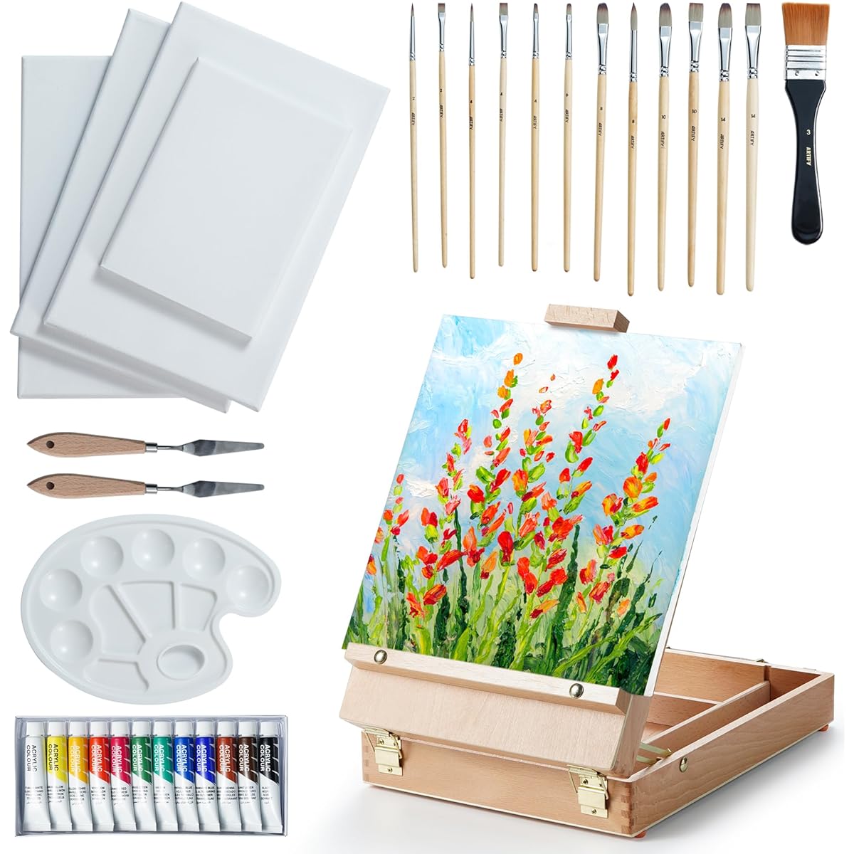 ARTIFY Table Sketch Box Easel Set Desktop Artist Easel with 12 Color Acrylic Paints, 13 Brushes, 4 Canvas Boards, Plastic Palette and 2 Palette Knives Gift for Artists/Kids/Adults