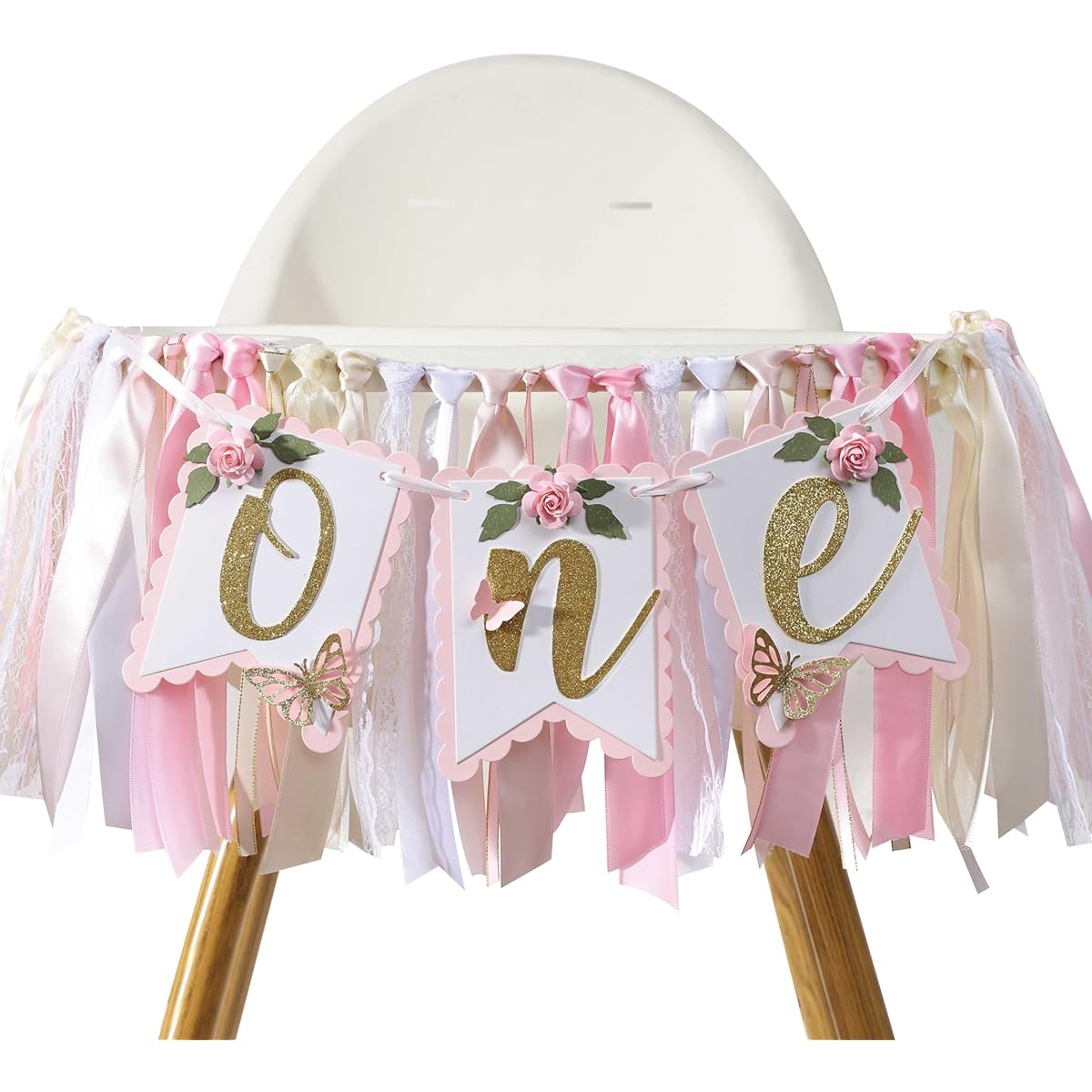 Pink and Gold Highchair Banner - Floral and Butterfly Highchair Banner 1st Birthday Party Decorations for Girls Pink 1st Birthday Decorations