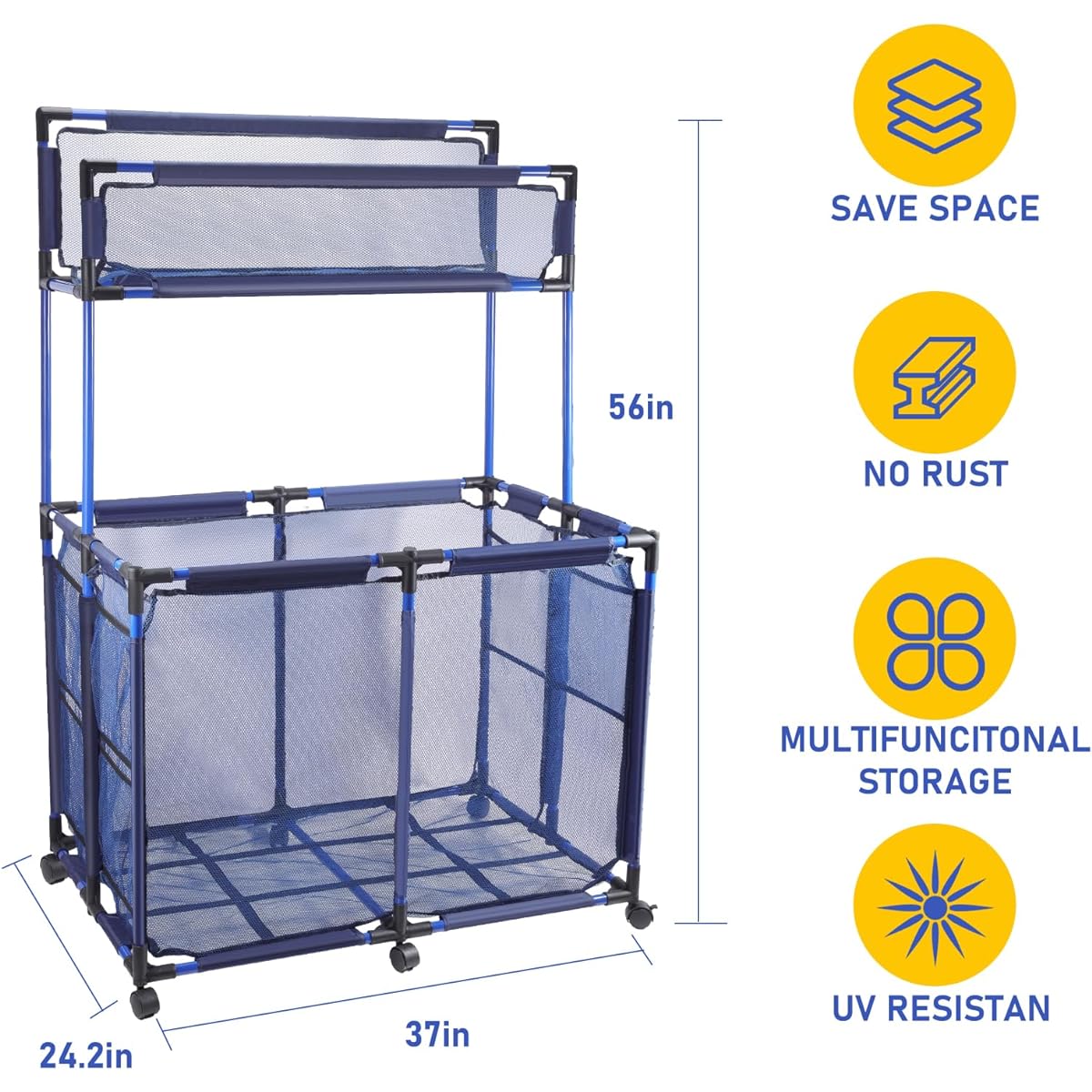 Pool Storage Bin Cart with Noodle Holder Rolling Pool Toy Storage Organizer Top Shelf Nylon Mesh Basket Swimming Toy Goggles Float Ball Float Supplies