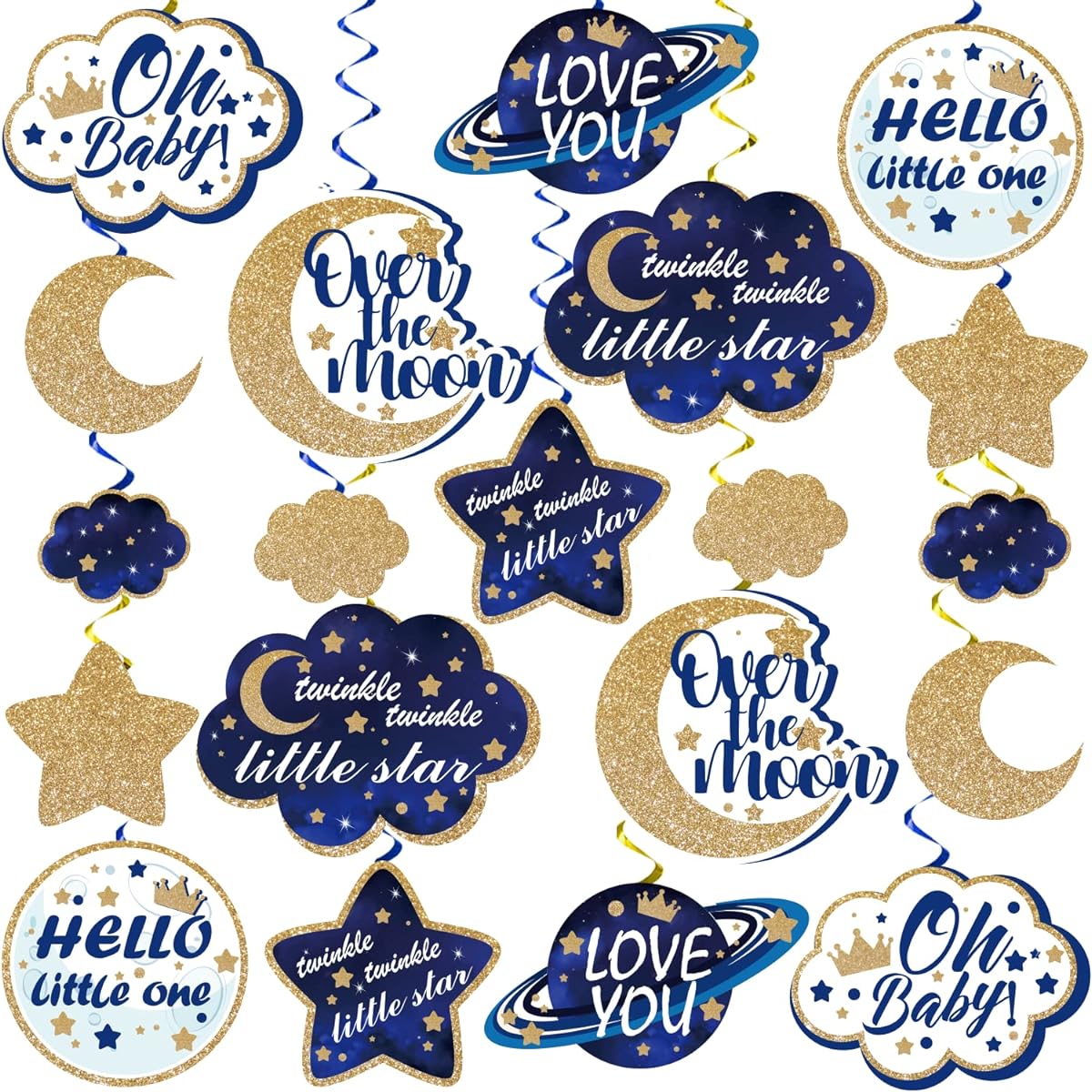 Twinkle Twinkle Little Star Baby Shower Decorations Hanging Swirls, 40 Pieces No DIY Moon and Stars Baby Shower Decorations Moon and Stars Baby Shower Swirls Glitter Foil Ceiling Swirls