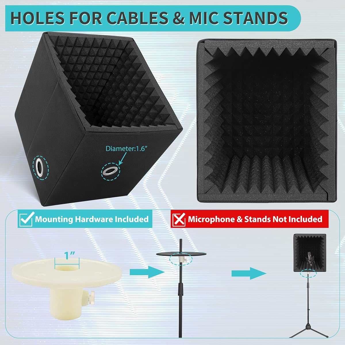 Portable Sound Recording Shield Box, Microphone Isolation Booth Box with Sound Absorbing Foam, Foldable, Stand Mountable, Suitable for Studio, Blog, Vocal Use