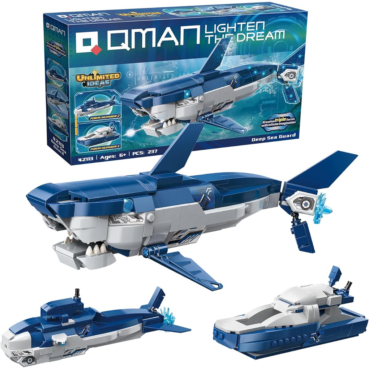 QMAN Shark Building Blocks 3 in 1 Deep Sea Guard Creatures Building Toy Set 237 Pieces Assemble & Display Shark Model Shark Toy Gift for Kids Boys Girls Ages 6+