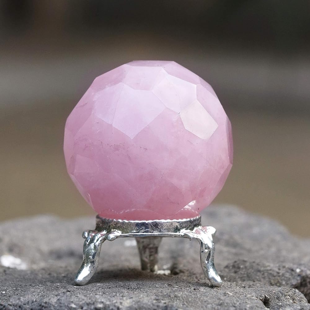 Crocon Rose Quartz Diamond Cut Crystal Ball with Metal Stand | Gemstone Ball Healing Sphere Sculpture Figure | Feng Shui Fortune Telling Home Decoration | Crystal Ball | Size: 40-50mm