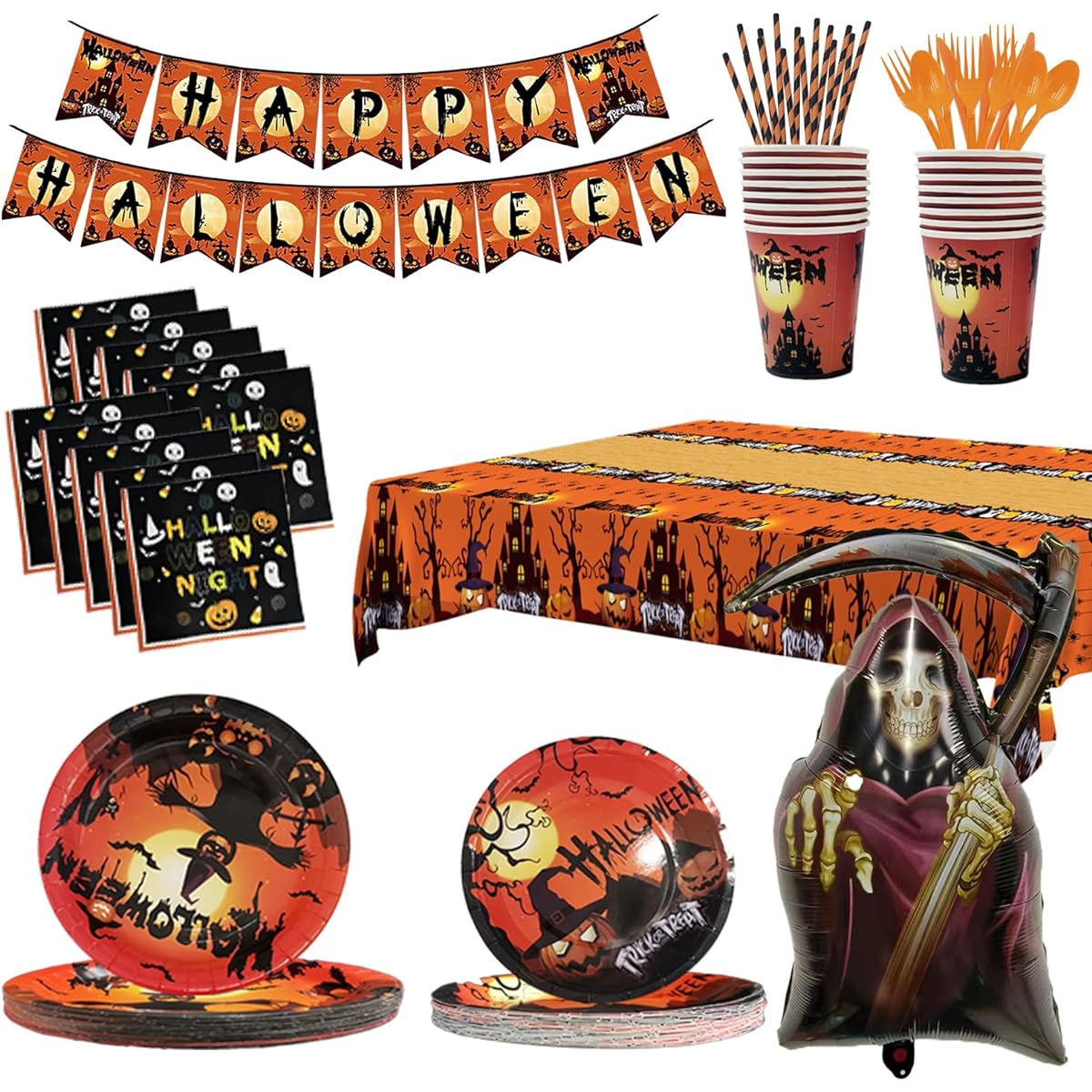 AIBIIN 155 Pieces Halloween Party Plates Kit for Kids, Halloween Party Decorations, Halloween Paper Plates, Cups, Straw Napkins, Table Cover, Balloons and Banners for Halloween Birthday Baby Shower Party Supplies