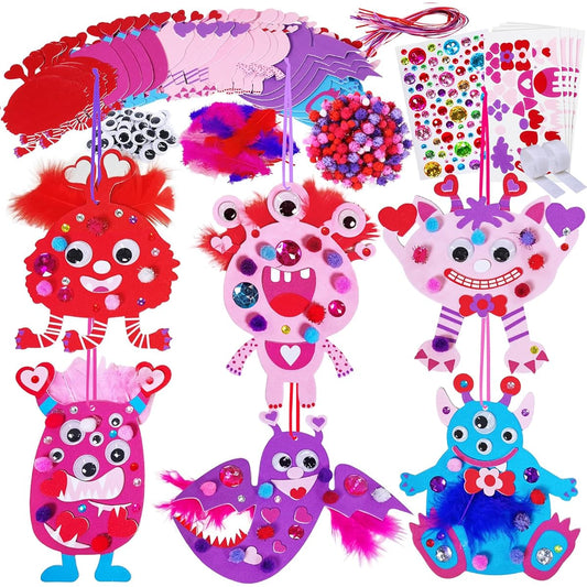 24 Sets Valentine's Day Monster Ornaments DIY Foam Monster Ornaments Craft Kit Assorted Foam Monster Cutouts with Hearts Feathers Pompoms Goolie Eyes for Kids Classroom Home Activities