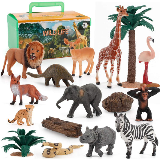 16pcs Realistic Wild Animal Toys with Jungle Hunting Storage Box - Pangolin, Flamingo, Lion, Rhino, Orangutan, Fox, Leopard Giraffe, Zebra, Deer, Elephant