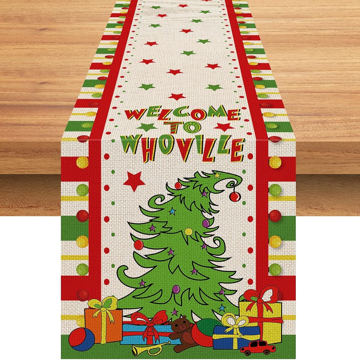 Whoville Christmas Table Runner 90" Whoville Grinch Cotton Linen Table Runner Seasonal Winter Christmas Holiday Kitchen Dining Table Decoration Home Party Decor 13" x 90"