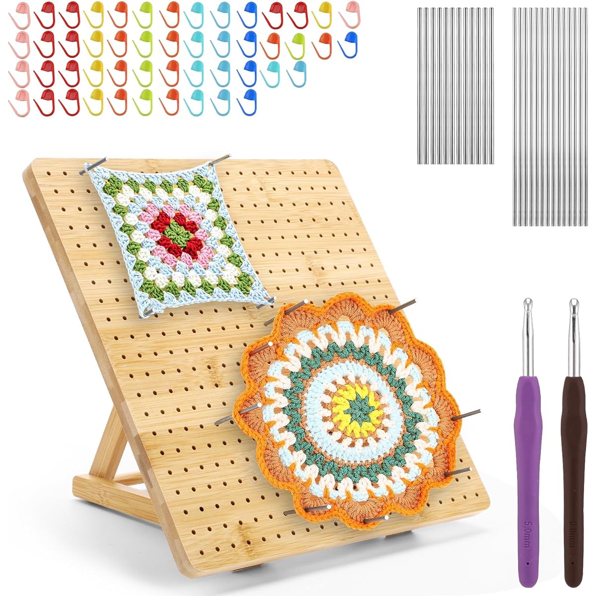 Kannino Crochet Block Board 11.4 x 11.4 Inch Blocking Board Crochet Grandma Square Crochet Accessories Includes 20 Stainless Steel Pins and Crochet Kit