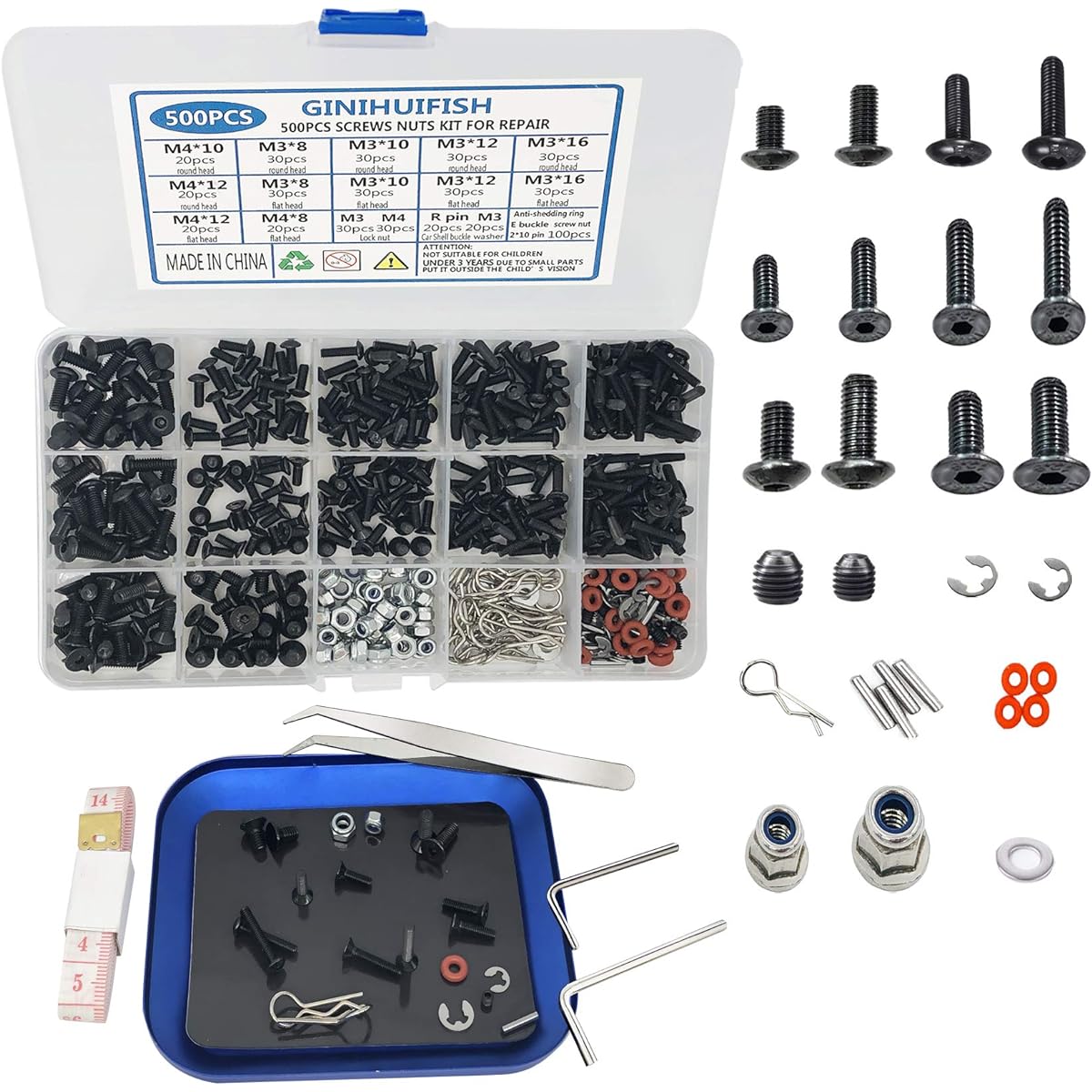 500pcs RC Screw Kit Repair Tool M3 M4 Hexagon Screws RC Repair Tool Kit with Magnetic Screw Tray Hardware Set for 1:8 1:10 1:12 1:16 Traxxas Axial Redcat HSP HPI Arrma Losi Scale RC Car