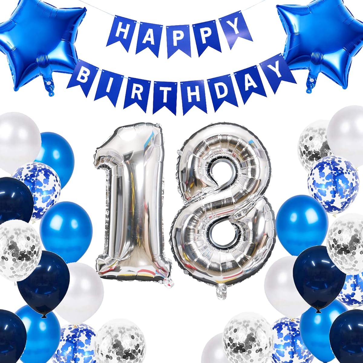 18th Birthday Decorations Boys Girls Navy Blue Happy Birthday Balloons Number 18 Birthday Balloons Stars Foil Balloons Confetti Latex Balloons for Men Women Boys Girls 18th Birthday Party