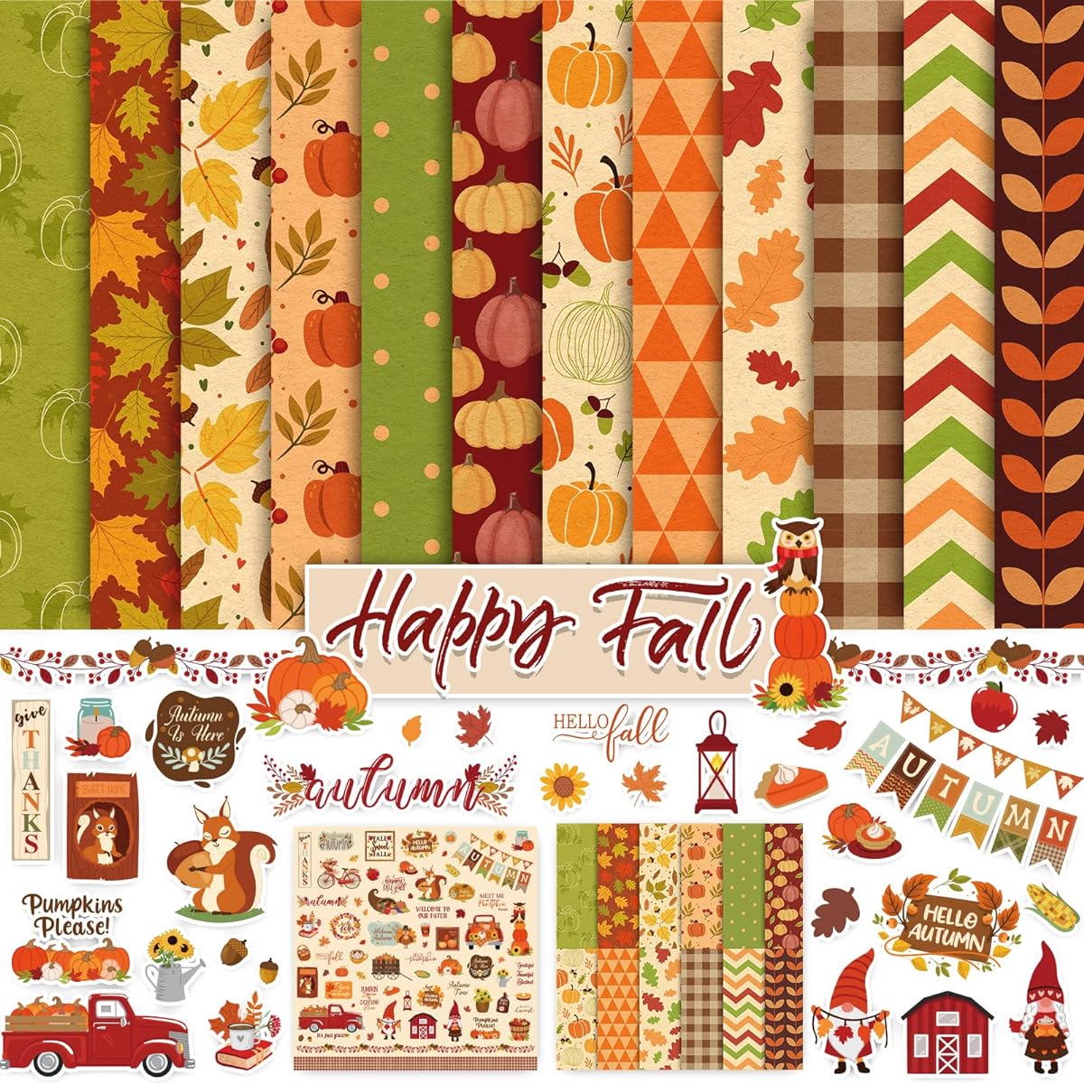 Whaline 24 Sheets Autumn Pattern Paper with Stickers 12 Designs Double Sided Autumn Scrapbook Specialty Paper Autumn Leaves Pumpkin Dots Waves Craft Paper for DIY Card Making Photo Album Decoration