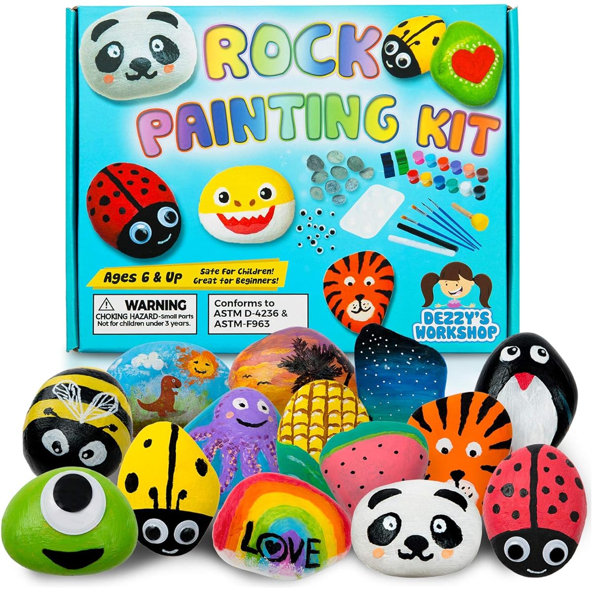 Deluxe Rock Painting Kit - Colorful Art Supplies Set for Kids and Tweens - Safe Non-Toxic Educational Toy - Arts and Crafts for Kids Ages 6 to 12 - Includes Brushes, Googly Eyes, and Transfer Stickers