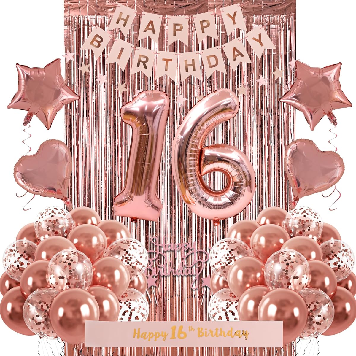 RUBFAC 16th Birthday Decorations for Girls, Rose Gold Sweet 16th Birthday Party Decorations, 16th Birthday Banner Kit, Rose Gold Balloons, Birthday Party Supplies