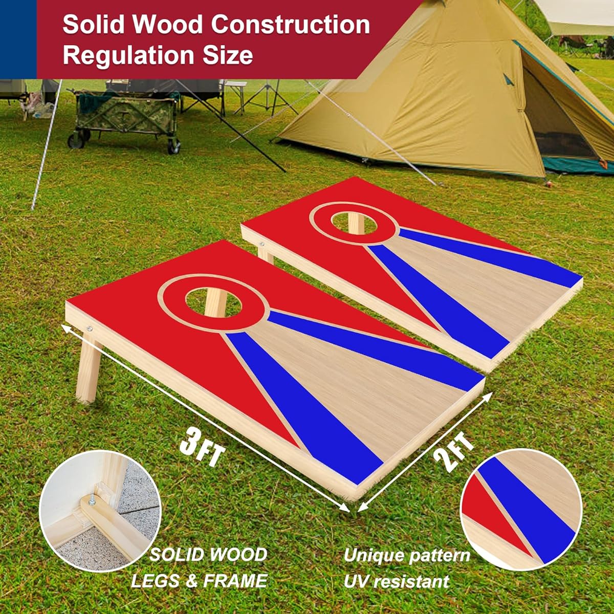 Pennpliy Professional Cornhole Board - Solid Wood Cornhole Board Game Set, Portable Bean Bag Toss Game for Tailgate Outdoor Backyard, Includes 8 Bean Bags and Carry Bag