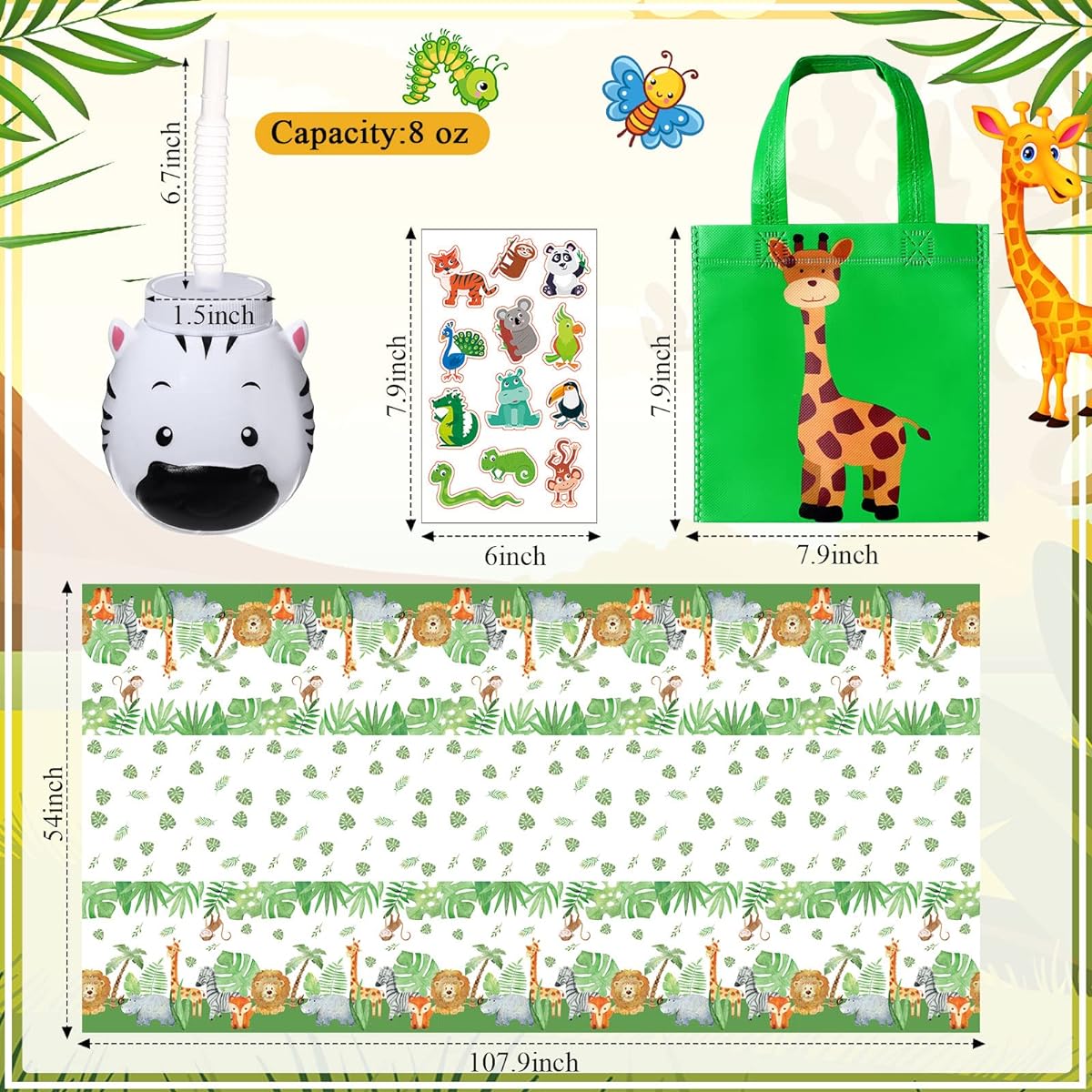 38 Piece Zoo Animal Favors Set - 2 Jungle Tablecloths, 12 Animal Cups with Straws, 12 Jungle Favor Bags, 12 Jungle Animal Stickers, Jungle Party Favors for Boys Kids Birthday Party Supplies