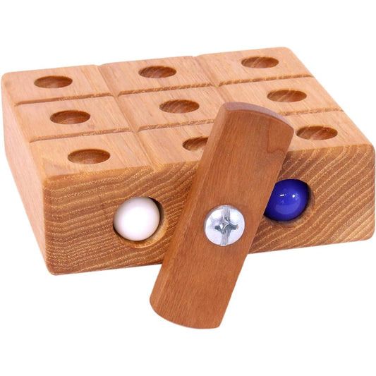 AmishToyBox.com Wooden Marble Tic-Tac-Toe Game with Built-In Marble Storage (Oak Board with Cherry Lid)
