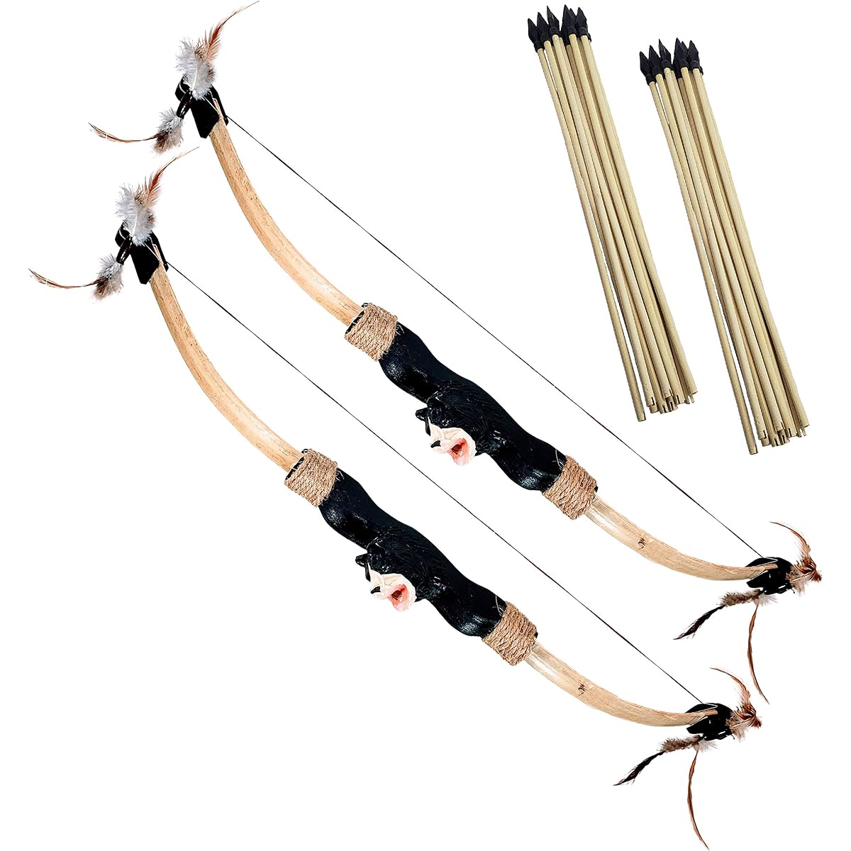 Adventure Awaits! - 2 Pack - Hand Carved Animal Wooden Bow and Arrow Set - 20 Wooden Arrows - For Outdoor Play (Bear)