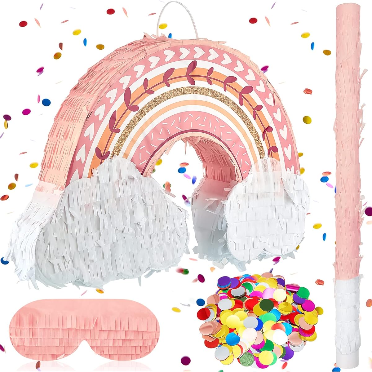 Boho Rainbow Pinata Summer Pinata Boho Rainbow Party Decorations Rainbow and Clouds Pinata with Blindfold Bat and Confetti for Kids Birthday Boho Party Decoration Supplies